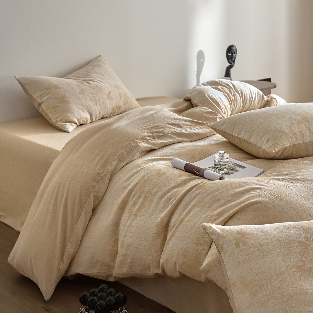 91家纺网 家纺一手货源 找家纺 如一 2026新款A类色织提花全棉双层纱水洗棉四件套 兰序咖