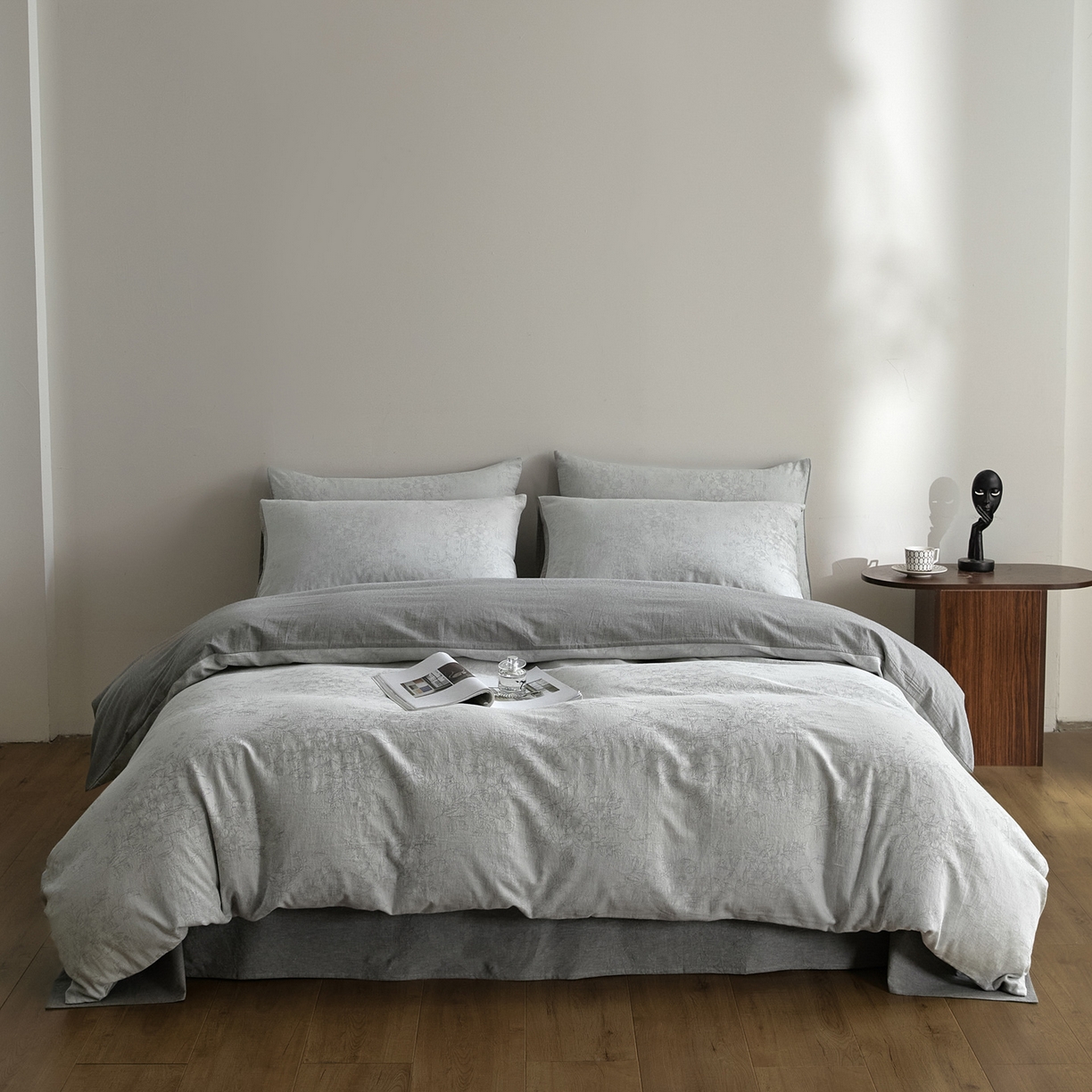 91家纺网 家纺一手货源 找家纺 如一 2026新款A类色织提花全棉双层纱水洗棉四件套 花忆灰