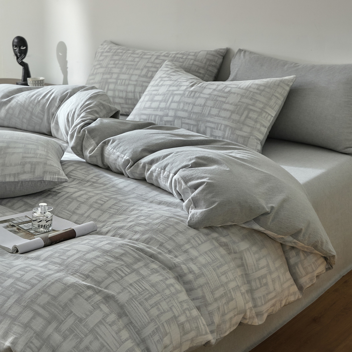 如一 2026新款A类色织提花全棉双层纱水洗棉四件套 浮光灰