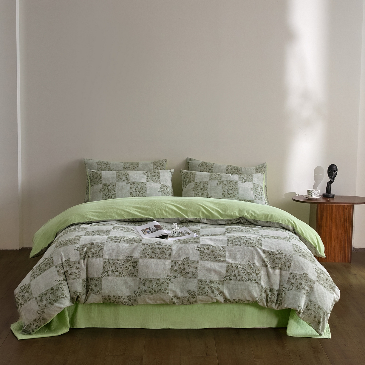 91家纺网 家纺一手货源 找家纺 如一 2026新款A类色织提花全棉双层纱水洗棉四件套 蝶漫绿