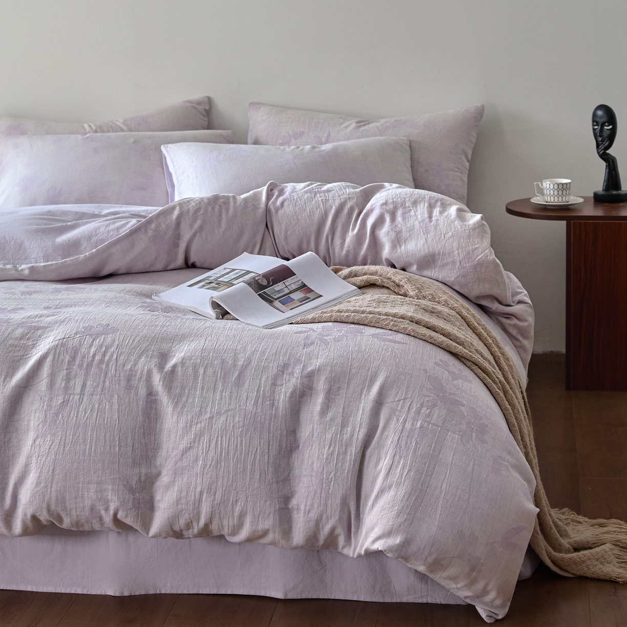 91家纺网 家纺一手货源 找家纺 如一 2026新款A类色织提花全棉双层纱水洗棉四件套 兰序紫