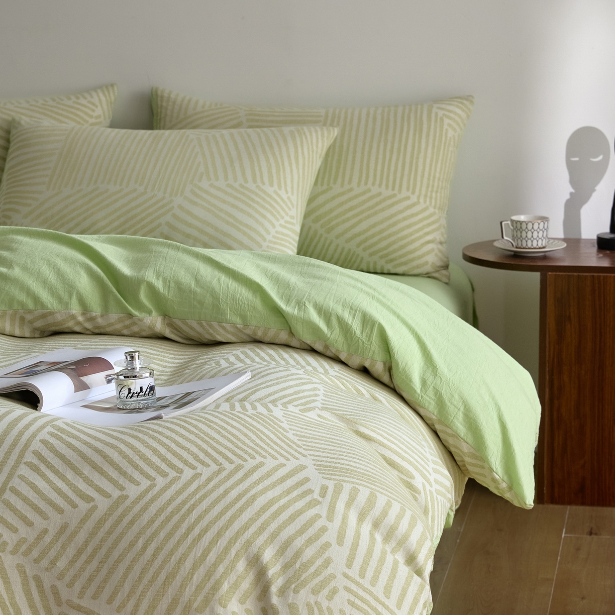 91家纺网 家纺一手货源 找家纺 如一 2026新款A类色织提花全棉双层纱水洗棉四件套 序章绿