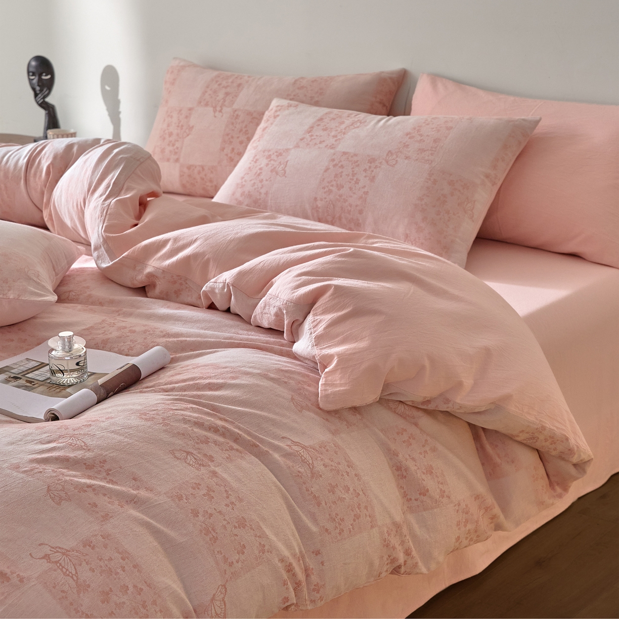 如一 2026新款A类色织提花全棉双层纱水洗棉四件套 蝶漫粉