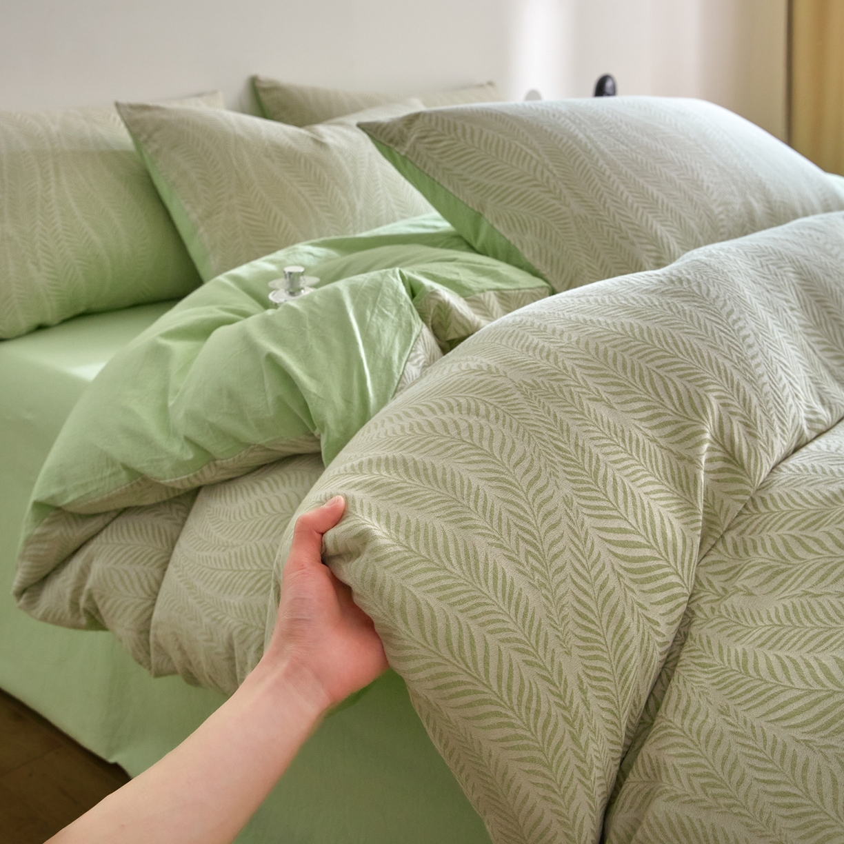 91家纺网 家纺一手货源 找家纺 如一 2026新款A类色织提花全棉双层纱水洗棉四件套 叶笙绿