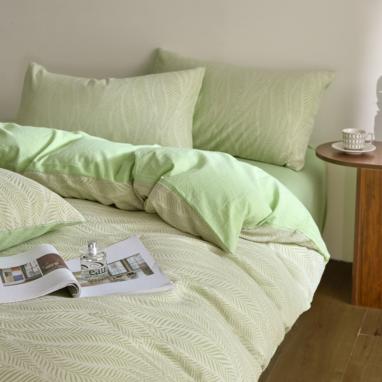 91家纺网 家纺一手货源 找家纺 如一 2026新款A类色织提花全棉双层纱水洗棉四件套 叶笙绿