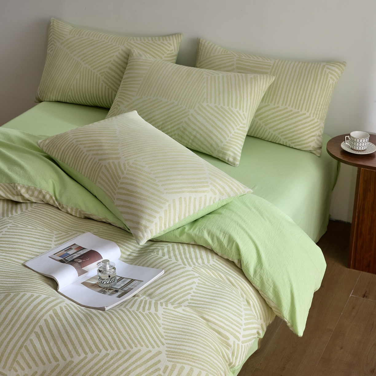 91家纺网 家纺一手货源 找家纺 如一 2026新款A类色织提花全棉双层纱水洗棉四件套 序章绿