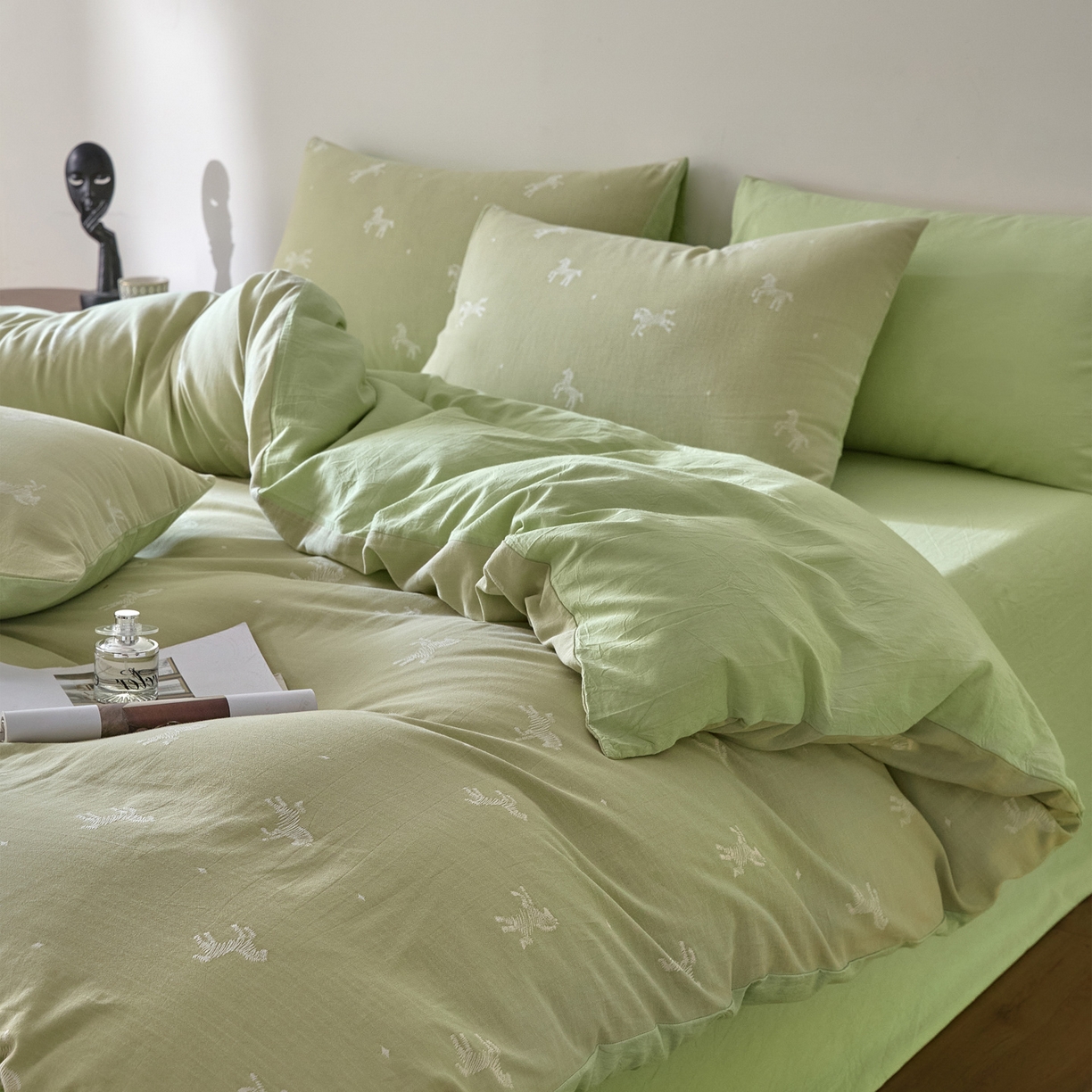 如一 2026新款A类色织提花全棉双层纱水洗棉四件套 骏影绿