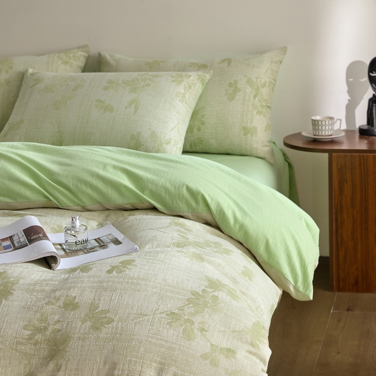 91家纺网 家纺一手货源 找家纺 如一 2026新款A类色织提花全棉双层纱水洗棉四件套 兰序绿