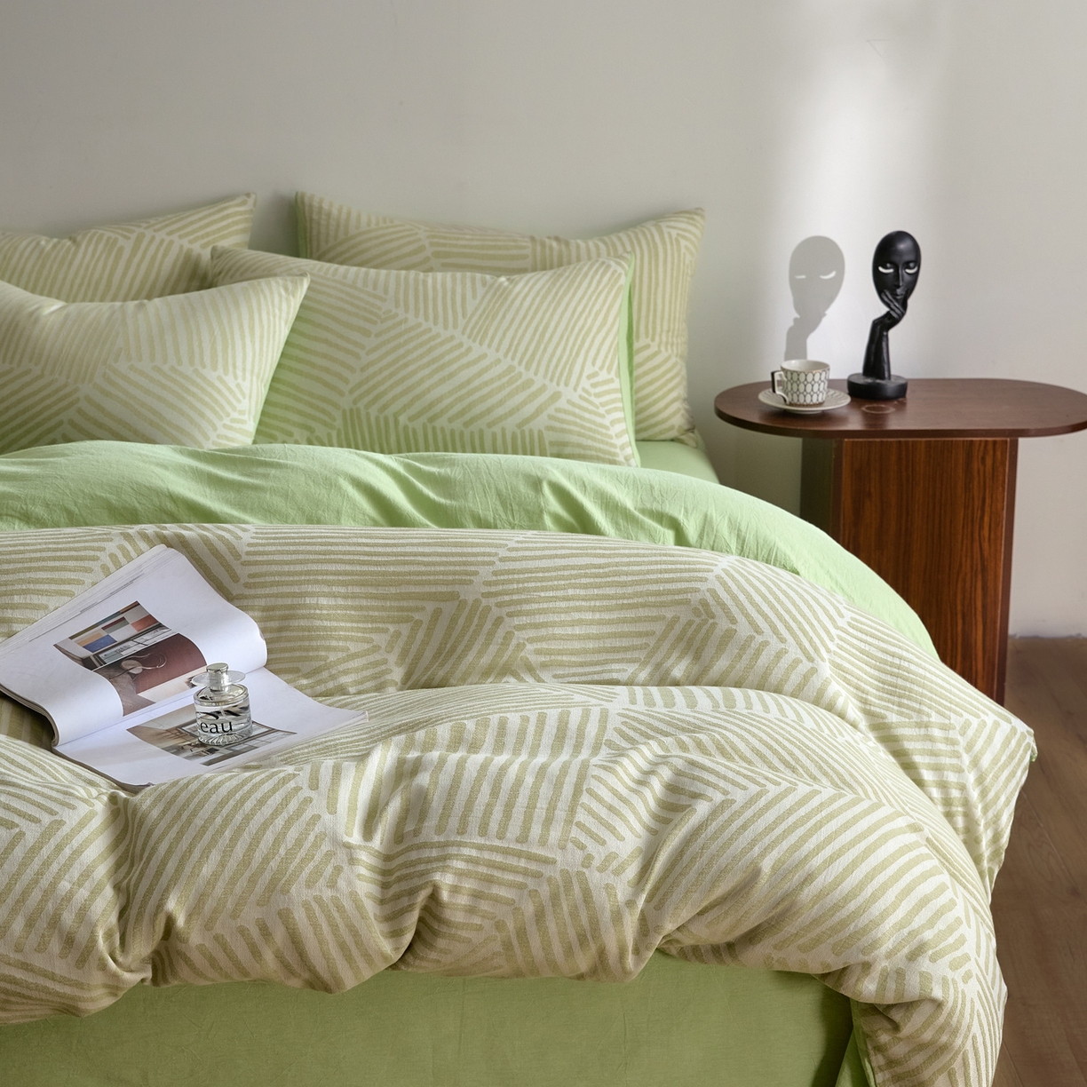 91家纺网 家纺一手货源 找家纺 如一 2026新款A类色织提花全棉双层纱水洗棉四件套 序章绿