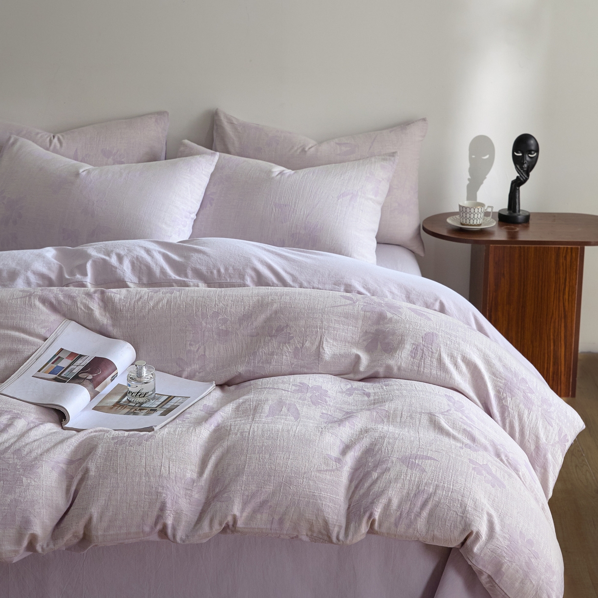 91家纺网 家纺一手货源 找家纺 如一 2026新款A类色织提花全棉双层纱水洗棉四件套 兰序紫