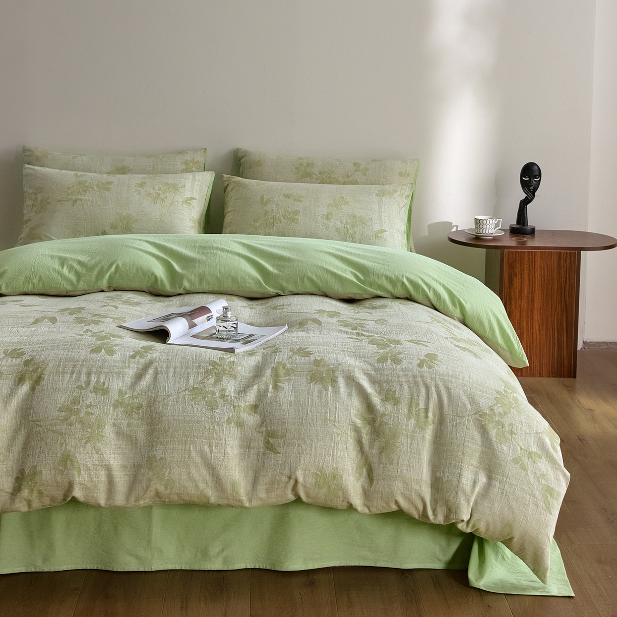 91家纺网 家纺一手货源 找家纺 如一 2026新款A类色织提花全棉双层纱水洗棉四件套 兰序绿