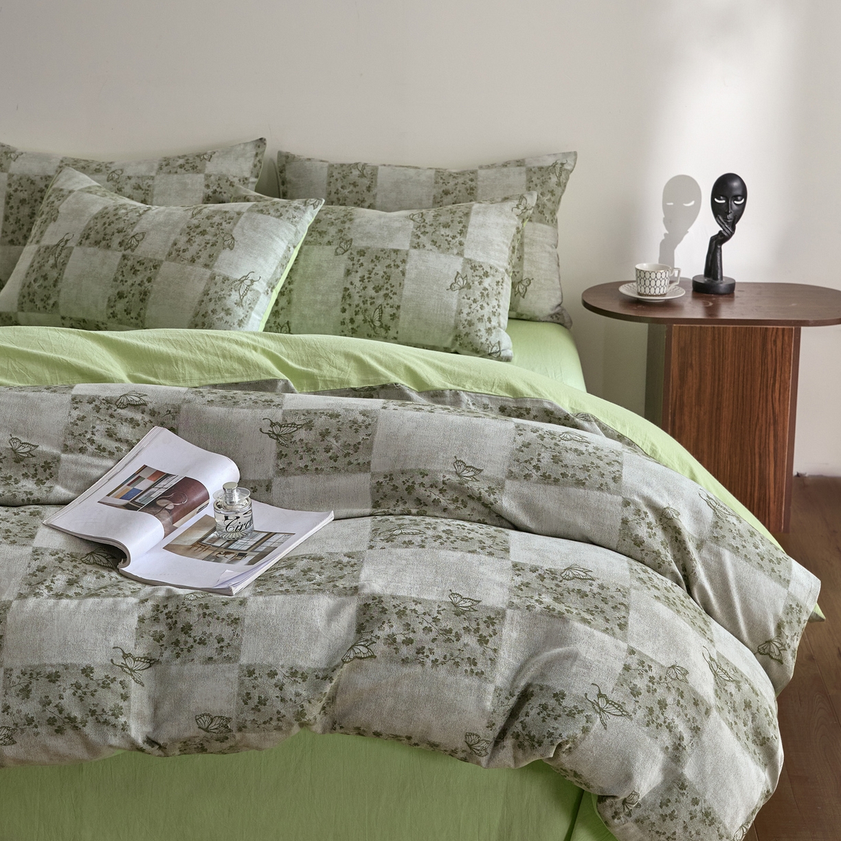 91家纺网 家纺一手货源 找家纺 如一 2026新款A类色织提花全棉双层纱水洗棉四件套 蝶漫绿