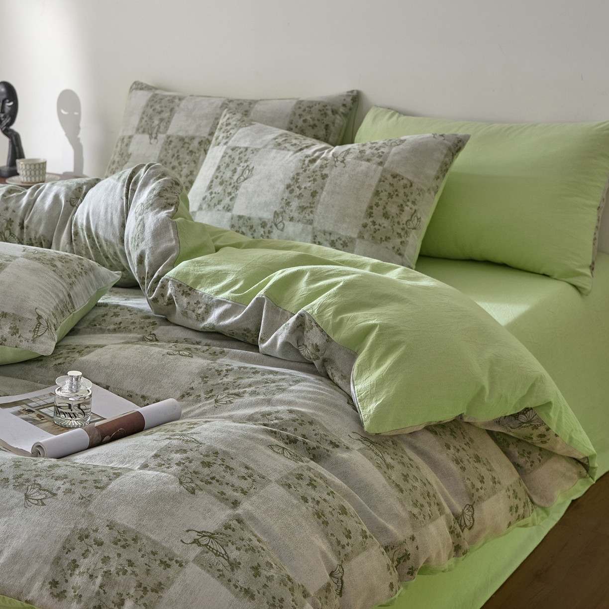 91家纺网 家纺一手货源 找家纺 如一 2026新款A类色织提花全棉双层纱水洗棉四件套 蝶漫绿