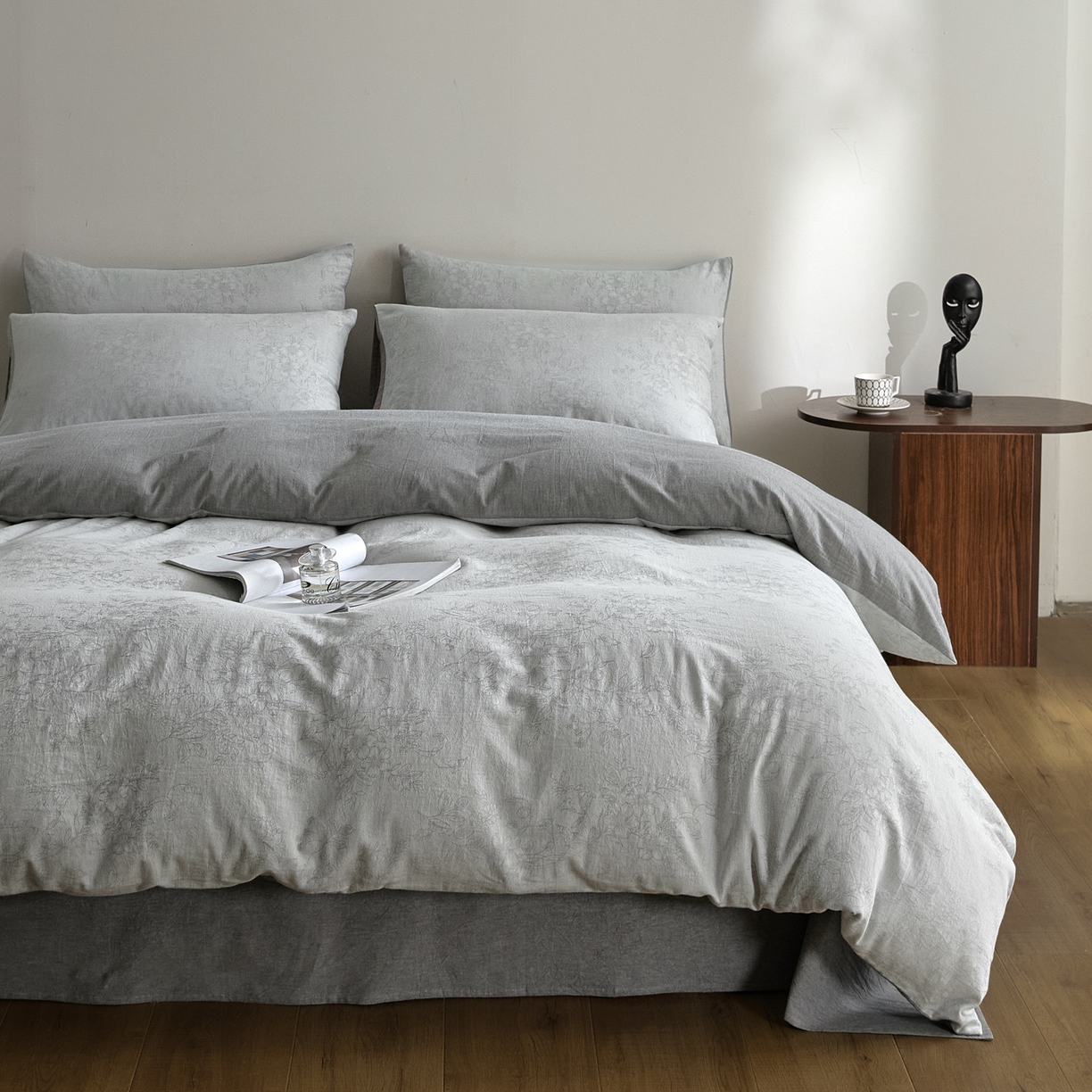 91家纺网 家纺一手货源 找家纺 如一 2026新款A类色织提花全棉双层纱水洗棉四件套 花忆灰