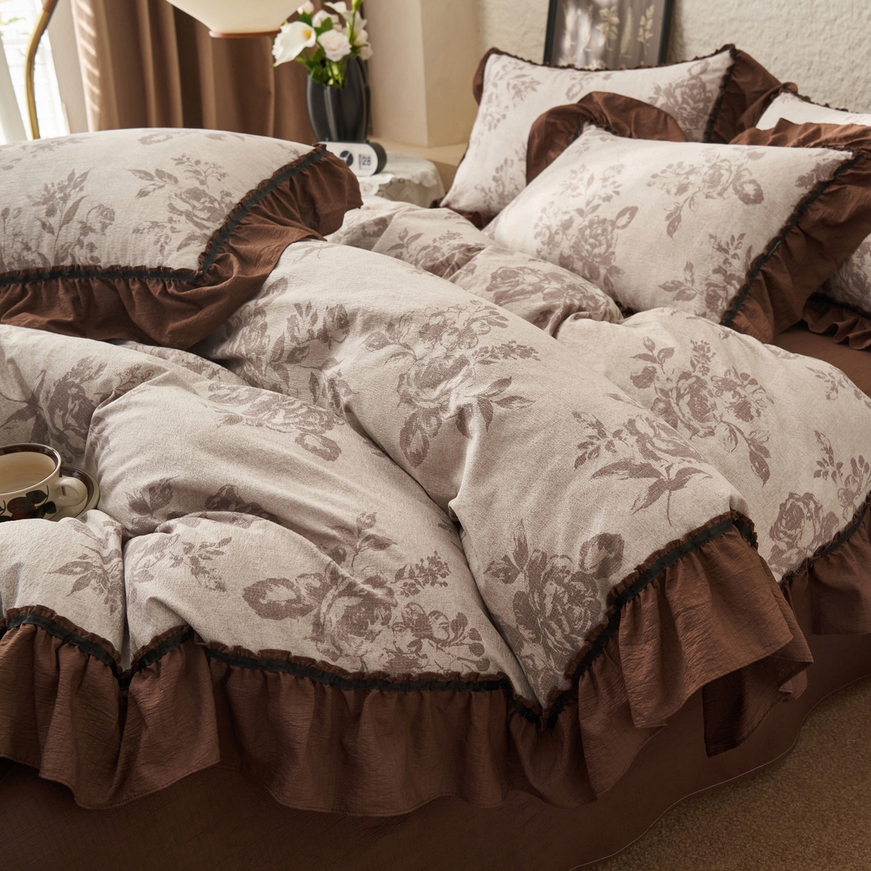 91家纺网 家纺一手货源 找家纺 晨曦家纺 2026春夏新款复古博主风A类亚麻皱皱纱花边四件套 花影旧时光