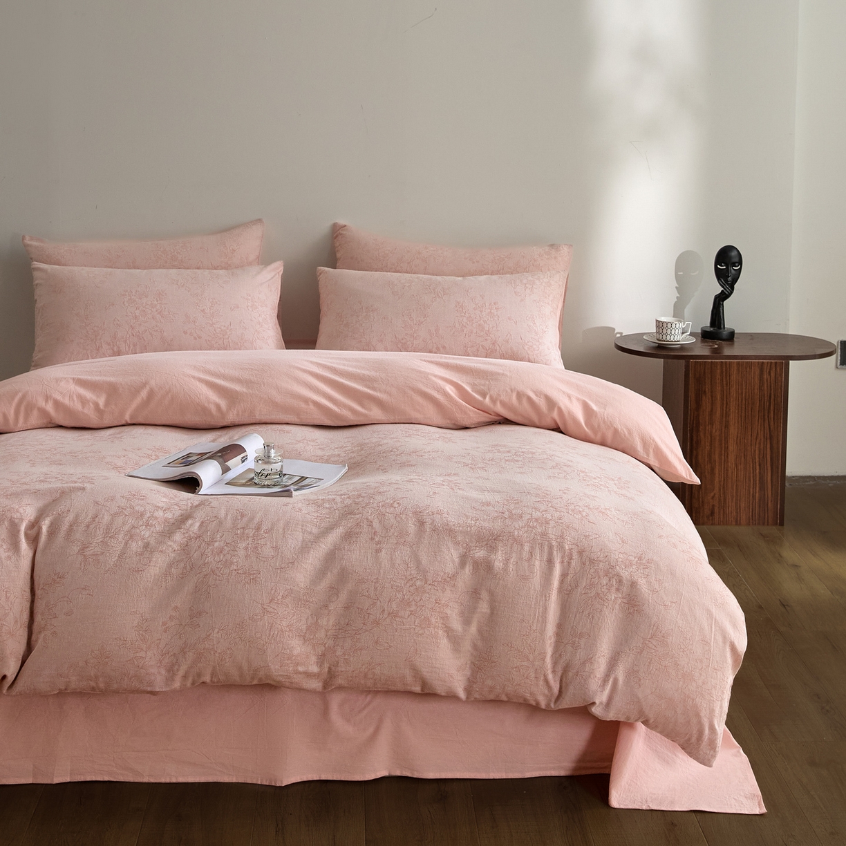 91家纺网 家纺一手货源 找家纺 如一 2026新款A类色织提花全棉双层纱水洗棉四件套 花忆粉