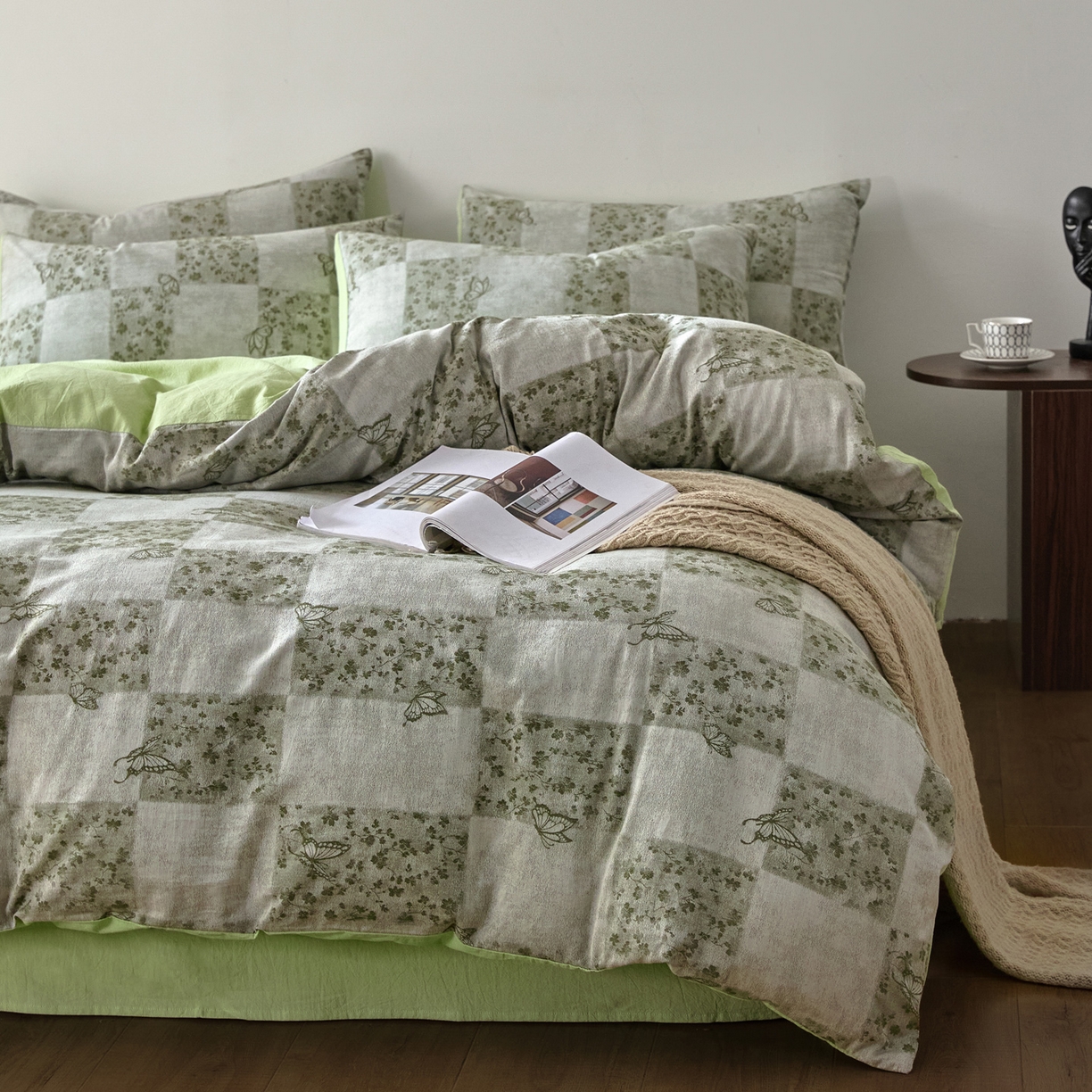 91家纺网 家纺一手货源 找家纺 如一 2026新款A类色织提花全棉双层纱水洗棉四件套 蝶漫绿