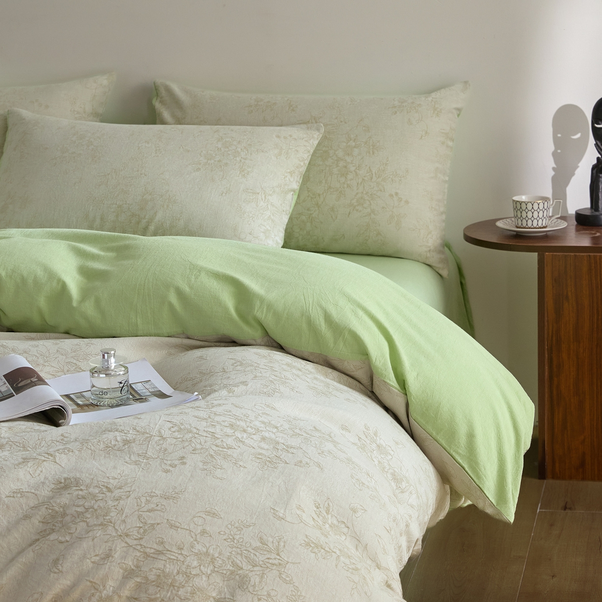 91家纺网 家纺一手货源 找家纺 如一 2026新款A类色织提花全棉双层纱水洗棉四件套 花忆绿