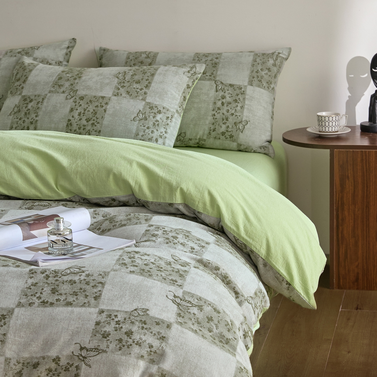 91家纺网 家纺一手货源 找家纺 如一 2026新款A类色织提花全棉双层纱水洗棉四件套 蝶漫绿