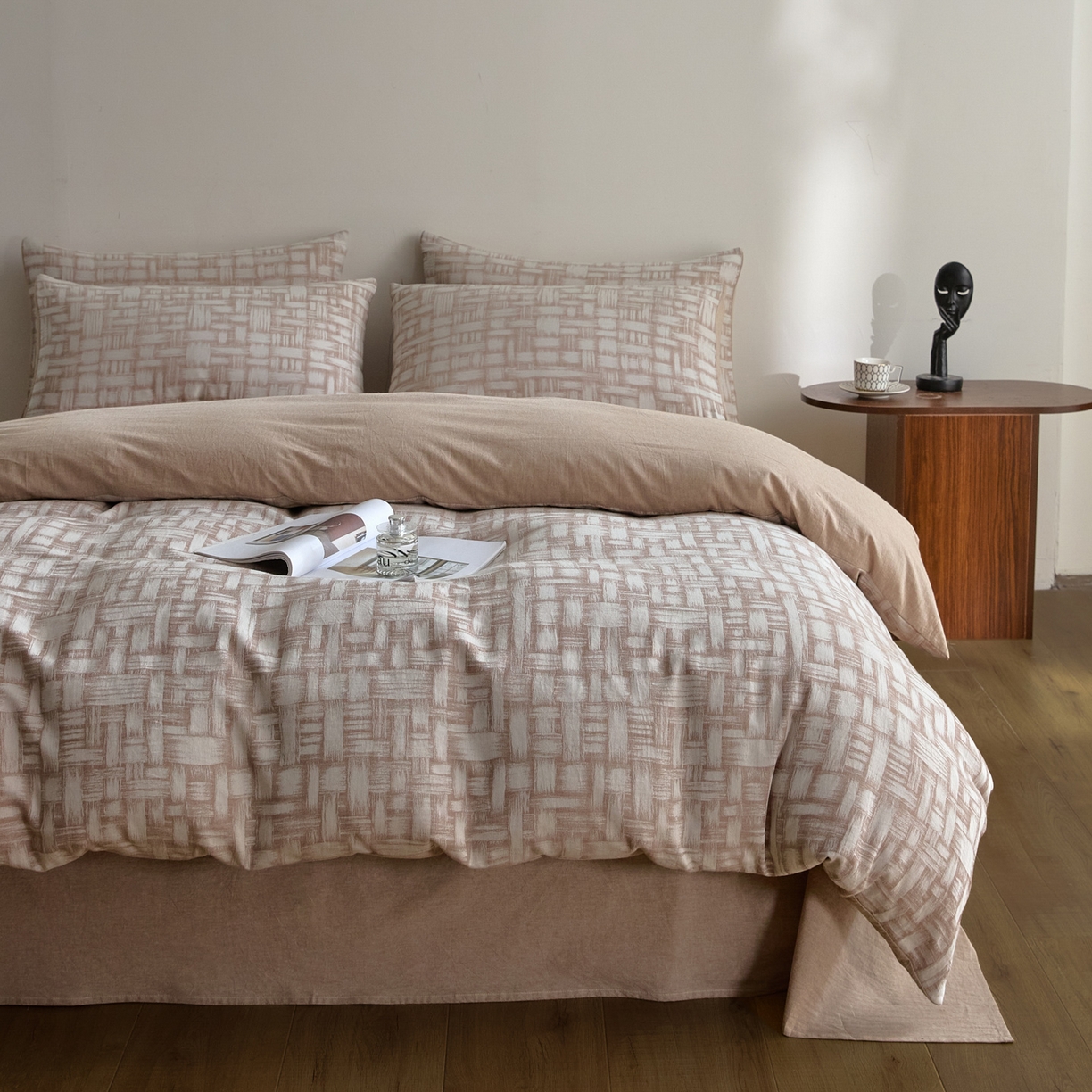 91家纺网 家纺一手货源 找家纺 如一 2026新款A类色织提花全棉双层纱水洗棉四件套 浮光咖