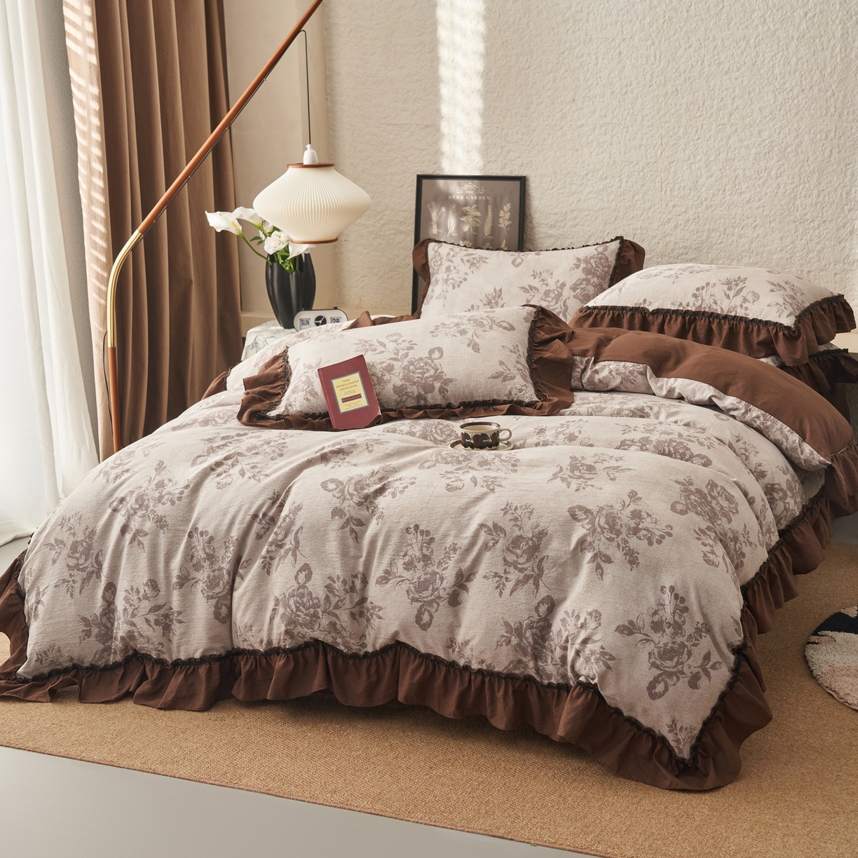 91家纺网 家纺一手货源 找家纺 晨曦家纺 2026春夏新款复古博主风A类亚麻皱皱纱花边四件套 花影旧时光