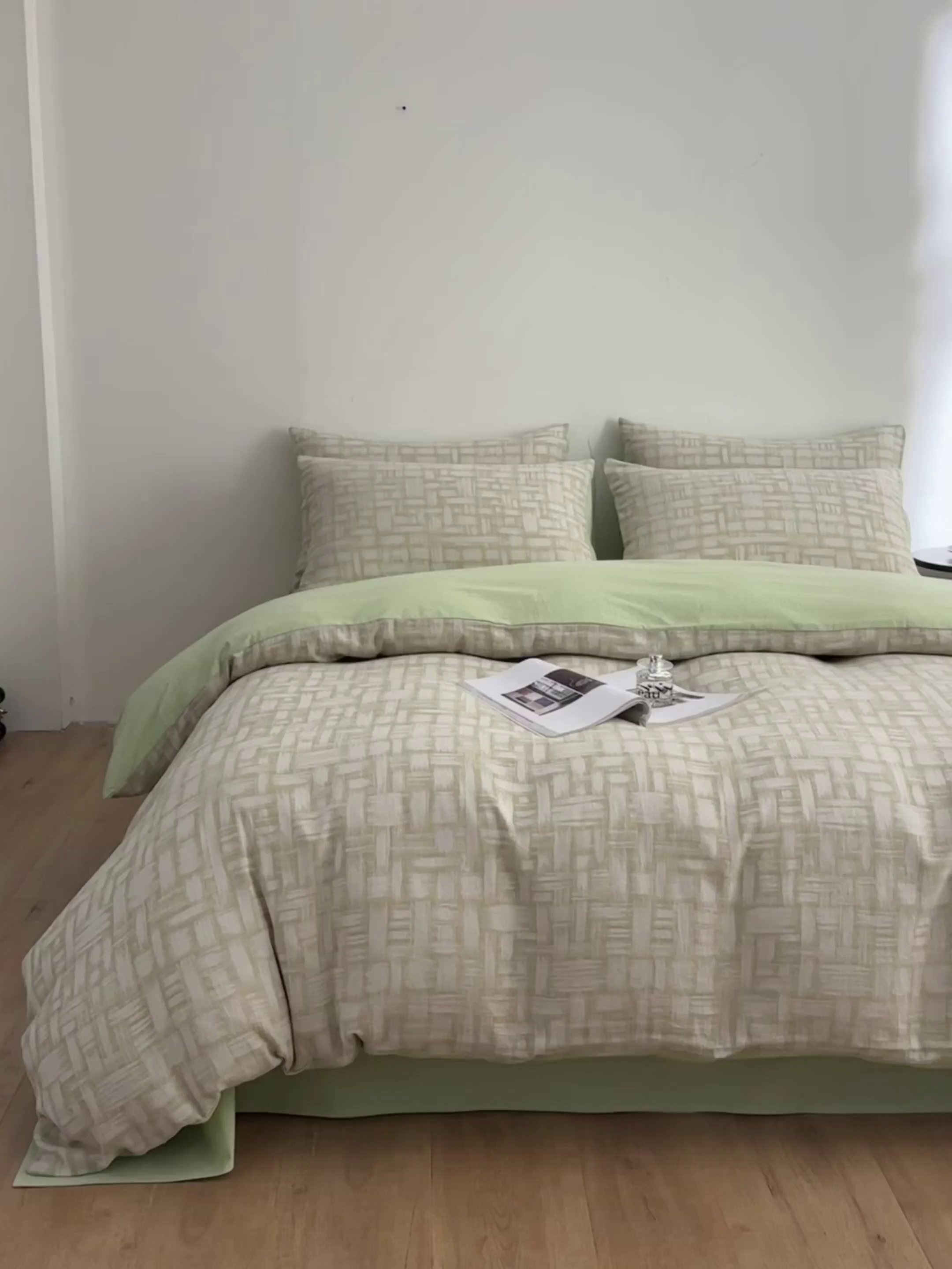 91家纺网 家纺一手货源 找家纺 如一 2026新款A类色织提花全棉双层纱水洗棉四件套 浮光绿