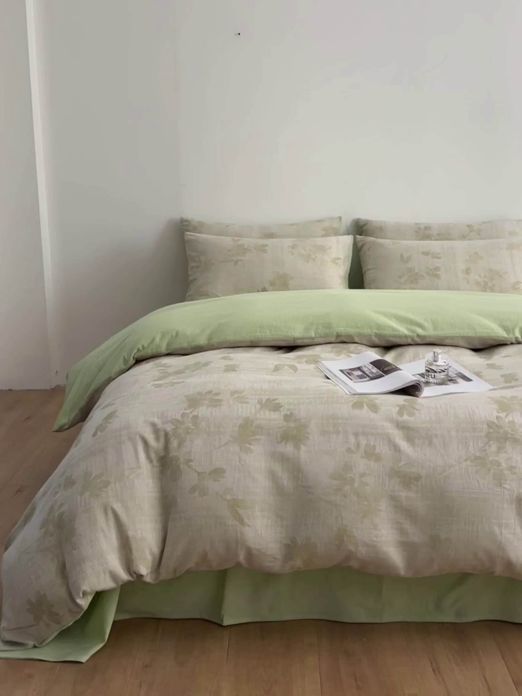 91家纺网 家纺一手货源 找家纺 如一 2026新款A类色织提花全棉双层纱水洗棉四件套 兰序绿