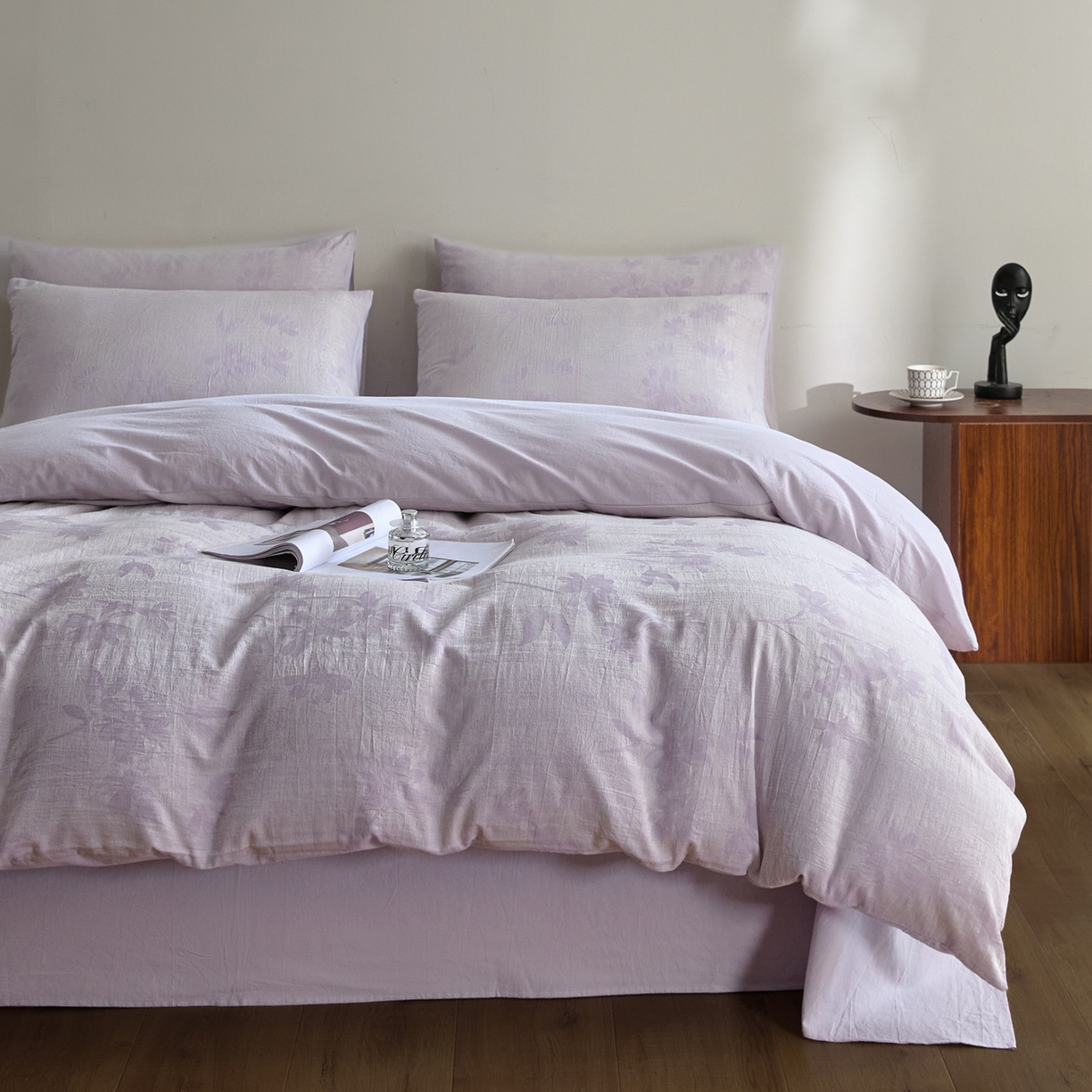 91家纺网 家纺一手货源 找家纺 如一 2026新款A类色织提花全棉双层纱水洗棉四件套 兰序紫