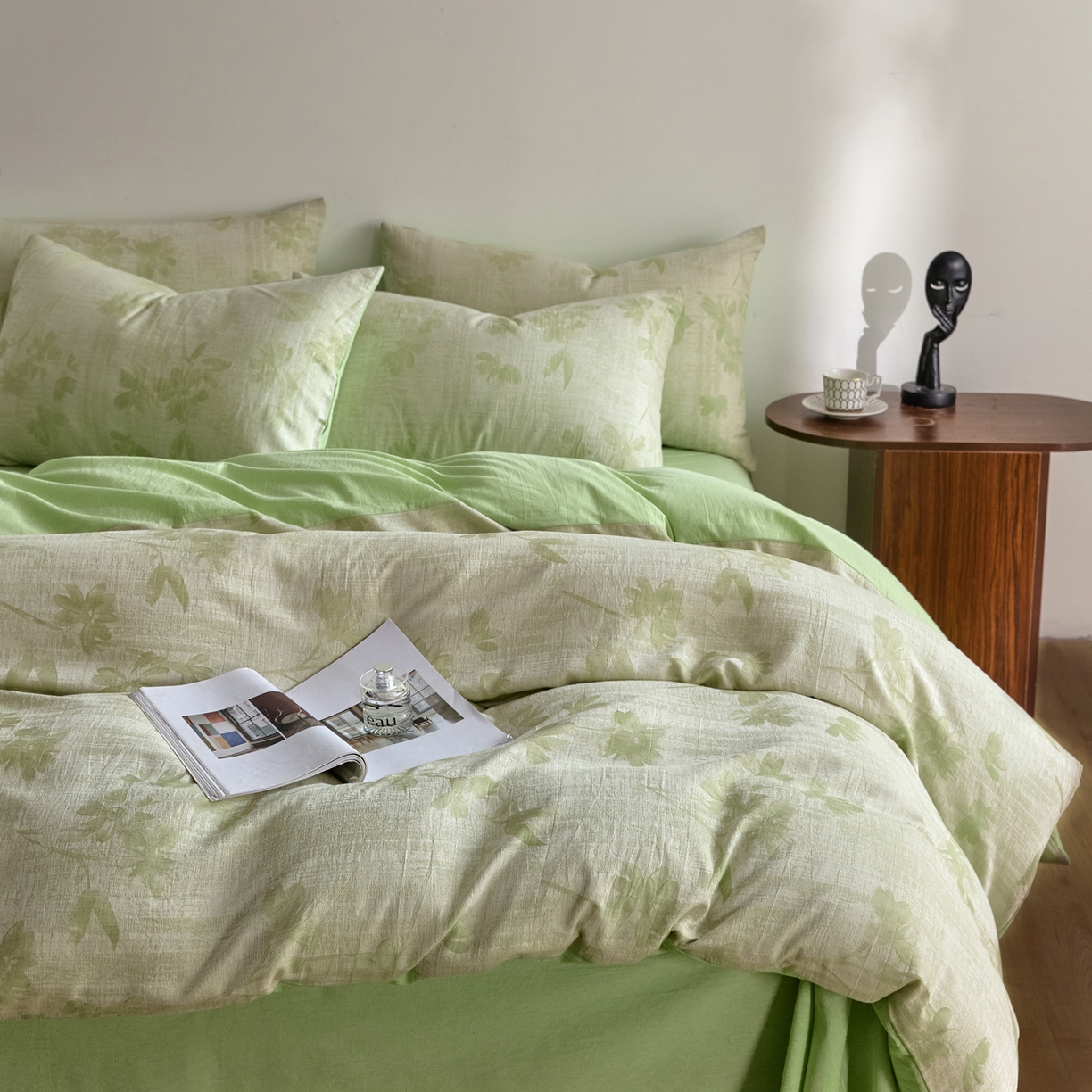 91家纺网 家纺一手货源 找家纺 如一 2026新款A类色织提花全棉双层纱水洗棉四件套 兰序绿