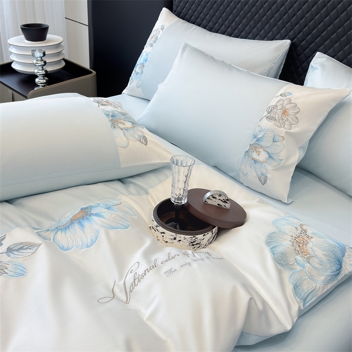 91家纺网 家纺一手货源 找家纺 优贝家纺 2026直播热款纯棉全棉100%刺绣四件套百分百 欧若拉-蓝