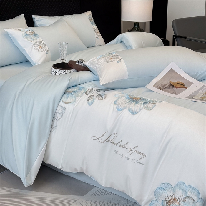 91家纺网 家纺一手货源 找家纺 优贝家纺 2026直播热款纯棉全棉100%刺绣四件套百分百 欧若拉-蓝