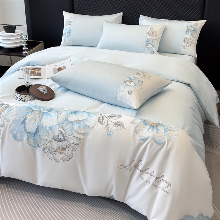 91家纺网 家纺一手货源 找家纺 优贝家纺 2026直播热款纯棉全棉100%刺绣四件套百分百 欧若拉-蓝