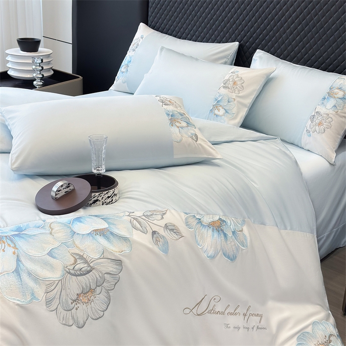 91家纺网 家纺一手货源 找家纺 优贝家纺 2026直播热款纯棉全棉100%刺绣四件套百分百 欧若拉-蓝