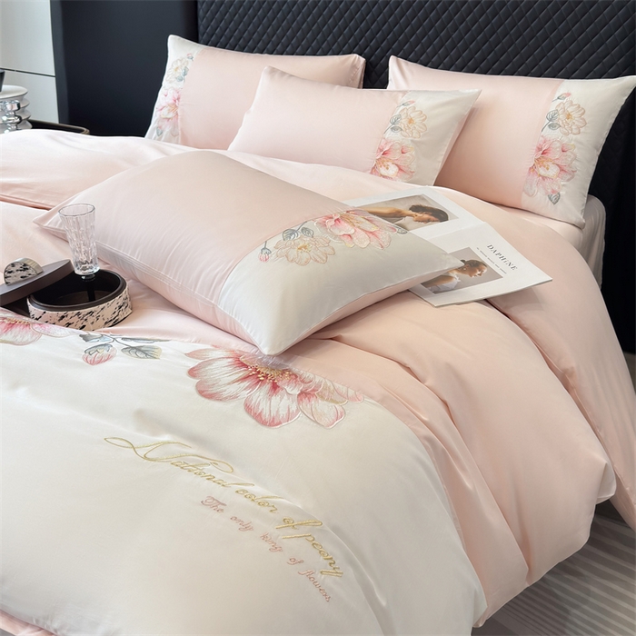 91家纺网 家纺一手货源 找家纺 优贝家纺 2026直播热款纯棉全棉100%刺绣四件套百分百 欧若拉-粉