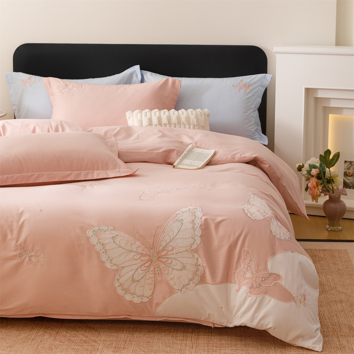 91家纺网 家纺一手货源 找家纺 优贝家纺 2026直播热款纯棉全棉100%刺绣四件套百分百 蝶梦-粉