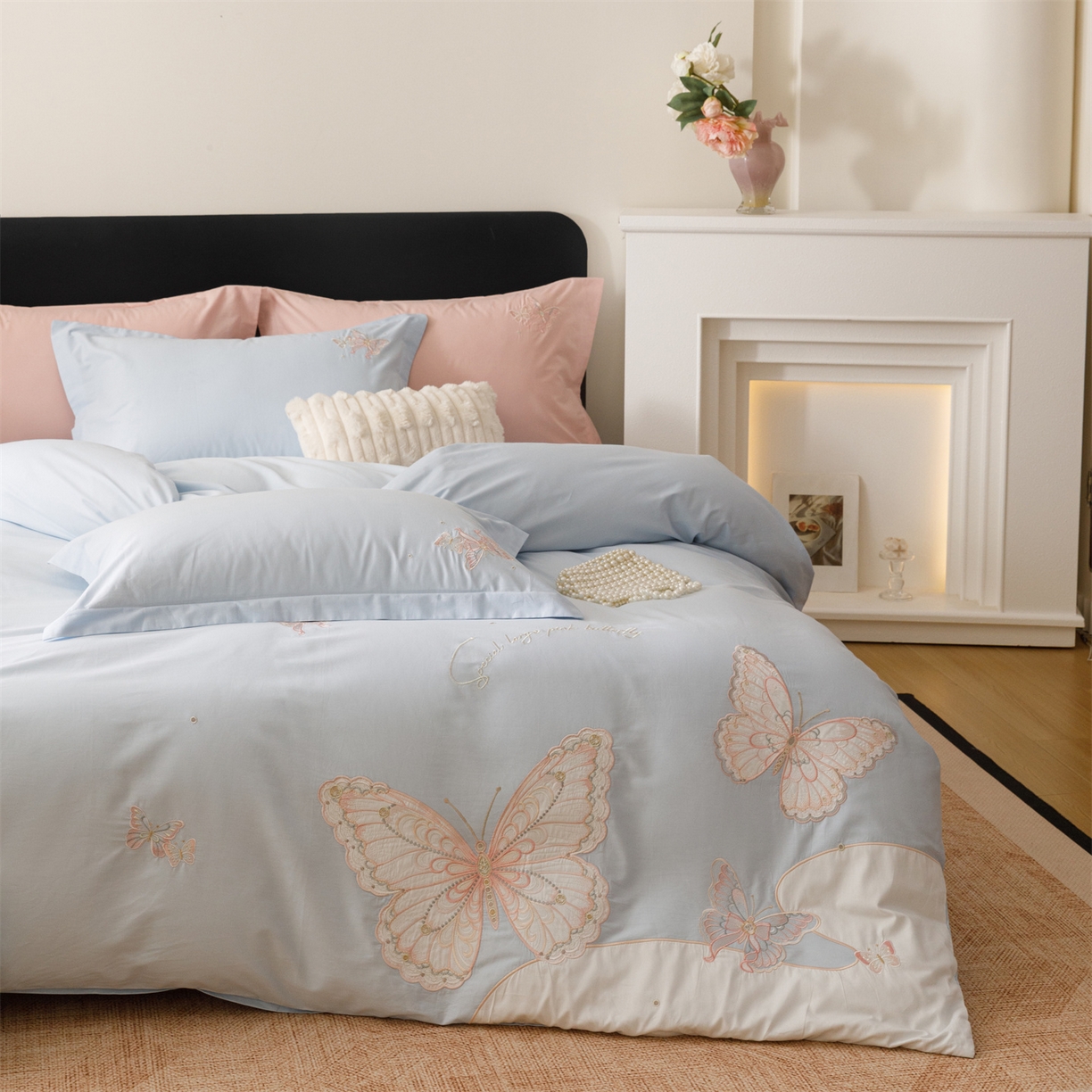 91家纺网 家纺一手货源 找家纺 优贝家纺 2026直播热款纯棉全棉100%刺绣四件套百分百 蝶梦-蓝