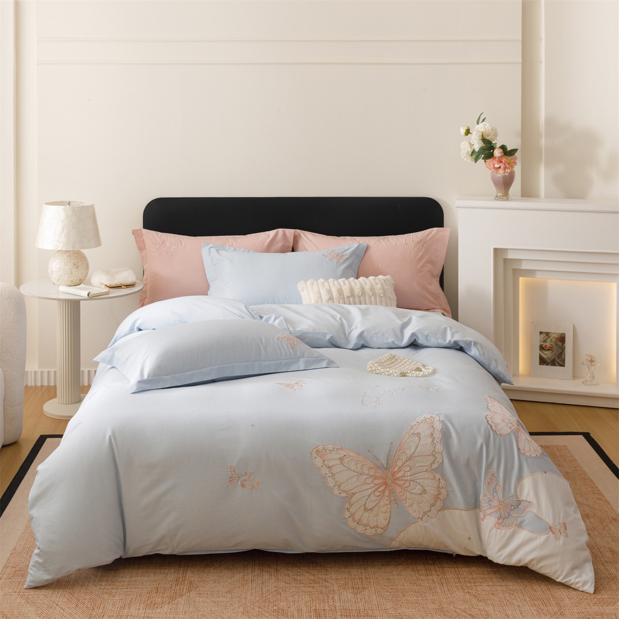 91家纺网 家纺一手货源 找家纺 优贝家纺 2026直播热款纯棉全棉100%刺绣四件套百分百 蝶梦-蓝