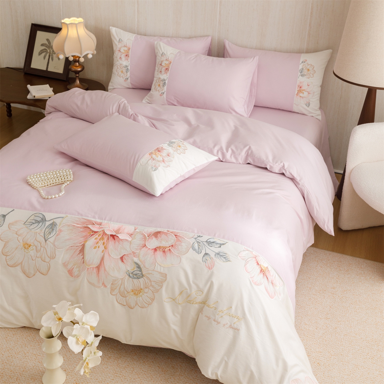 91家纺网 家纺一手货源 找家纺 优贝家纺 2026直播热款纯棉全棉100%刺绣四件套百分百 欧洛拉-紫