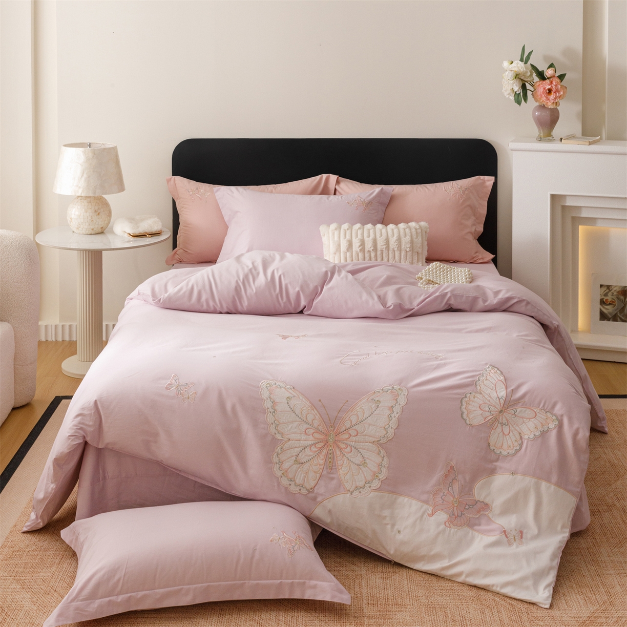 优贝家纺 2026直播热款纯棉全棉100%刺绣四件套百分百 蝶梦-紫