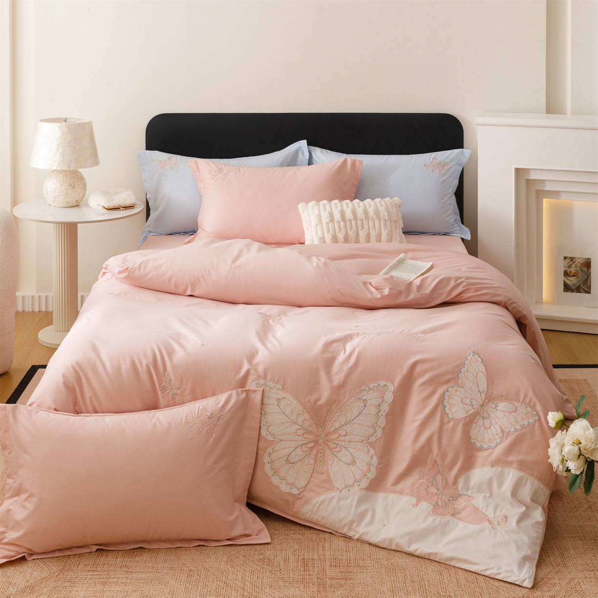 优贝家纺 2026直播热款纯棉全棉100%刺绣四件套百分百 蝶梦-粉