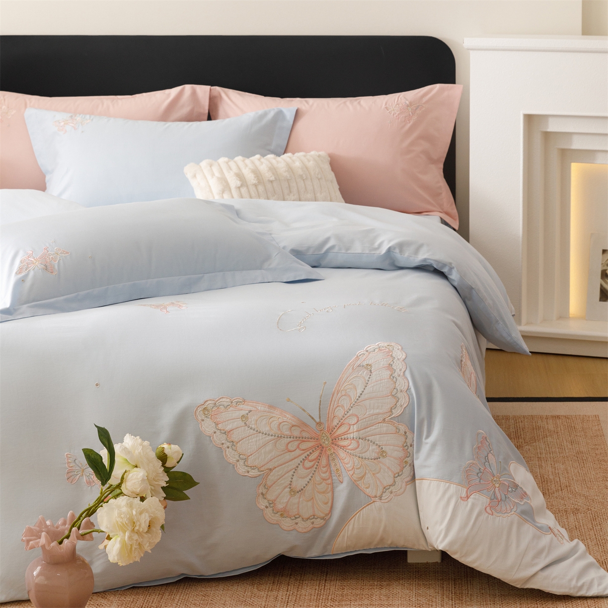 91家纺网 家纺一手货源 找家纺 优贝家纺 2026直播热款纯棉全棉100%刺绣四件套百分百 蝶梦-蓝