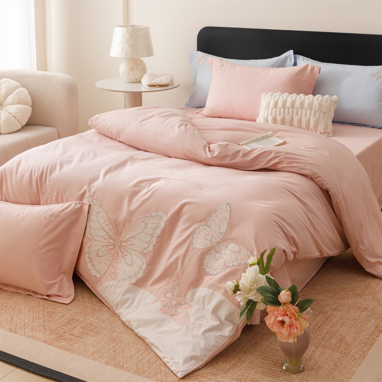 91家纺网 家纺一手货源 找家纺 优贝家纺 2026直播热款纯棉全棉100%刺绣四件套百分百 蝶梦-粉