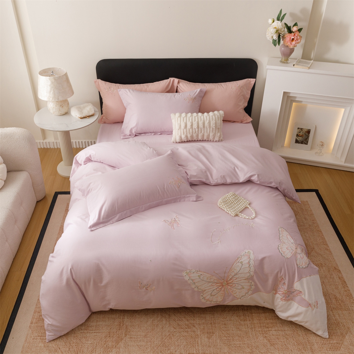 91家纺网 家纺一手货源 找家纺 优贝家纺 2026直播热款纯棉全棉100%刺绣四件套百分百 蝶梦-紫