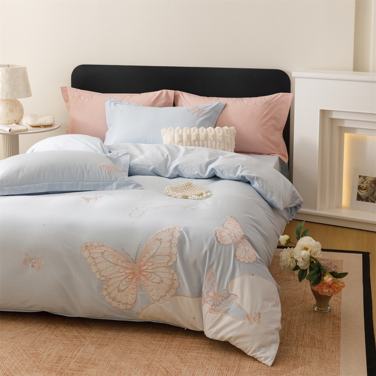 91家纺网 家纺一手货源 找家纺 优贝家纺 2026直播热款纯棉全棉100%刺绣四件套百分百 蝶梦-蓝