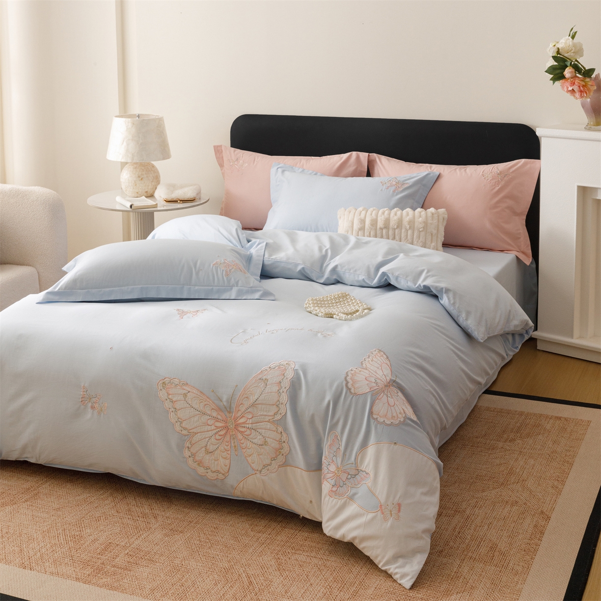 91家纺网 家纺一手货源 找家纺 优贝家纺 2026直播热款纯棉全棉100%刺绣四件套百分百 蝶梦-蓝