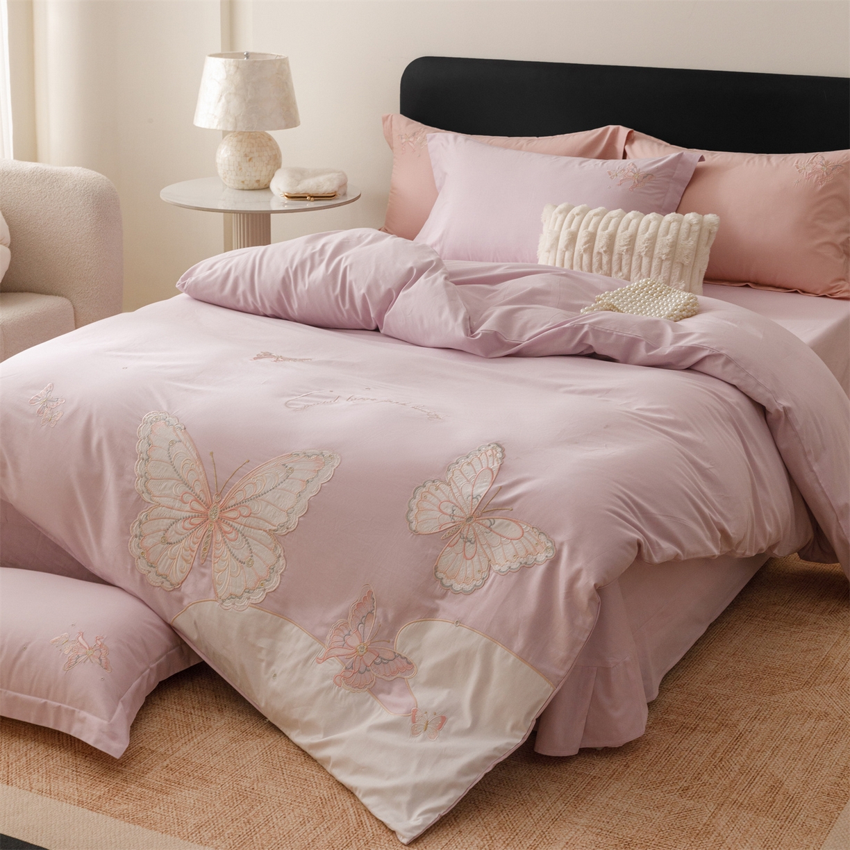 91家纺网 家纺一手货源 找家纺 优贝家纺 2026直播热款纯棉全棉100%刺绣四件套百分百 蝶梦-紫