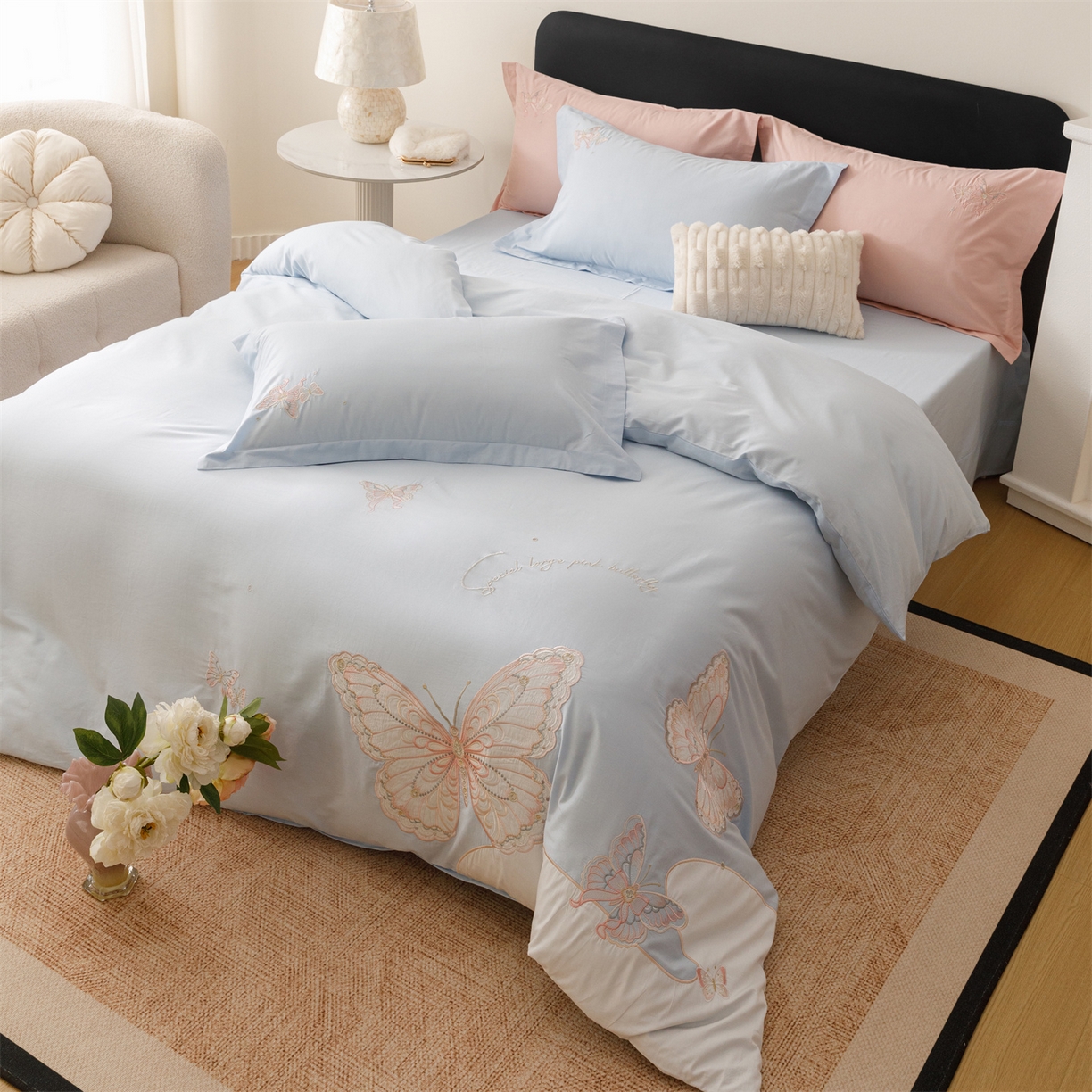 91家纺网 家纺一手货源 找家纺 优贝家纺 2026直播热款纯棉全棉100%刺绣四件套百分百 蝶梦-蓝