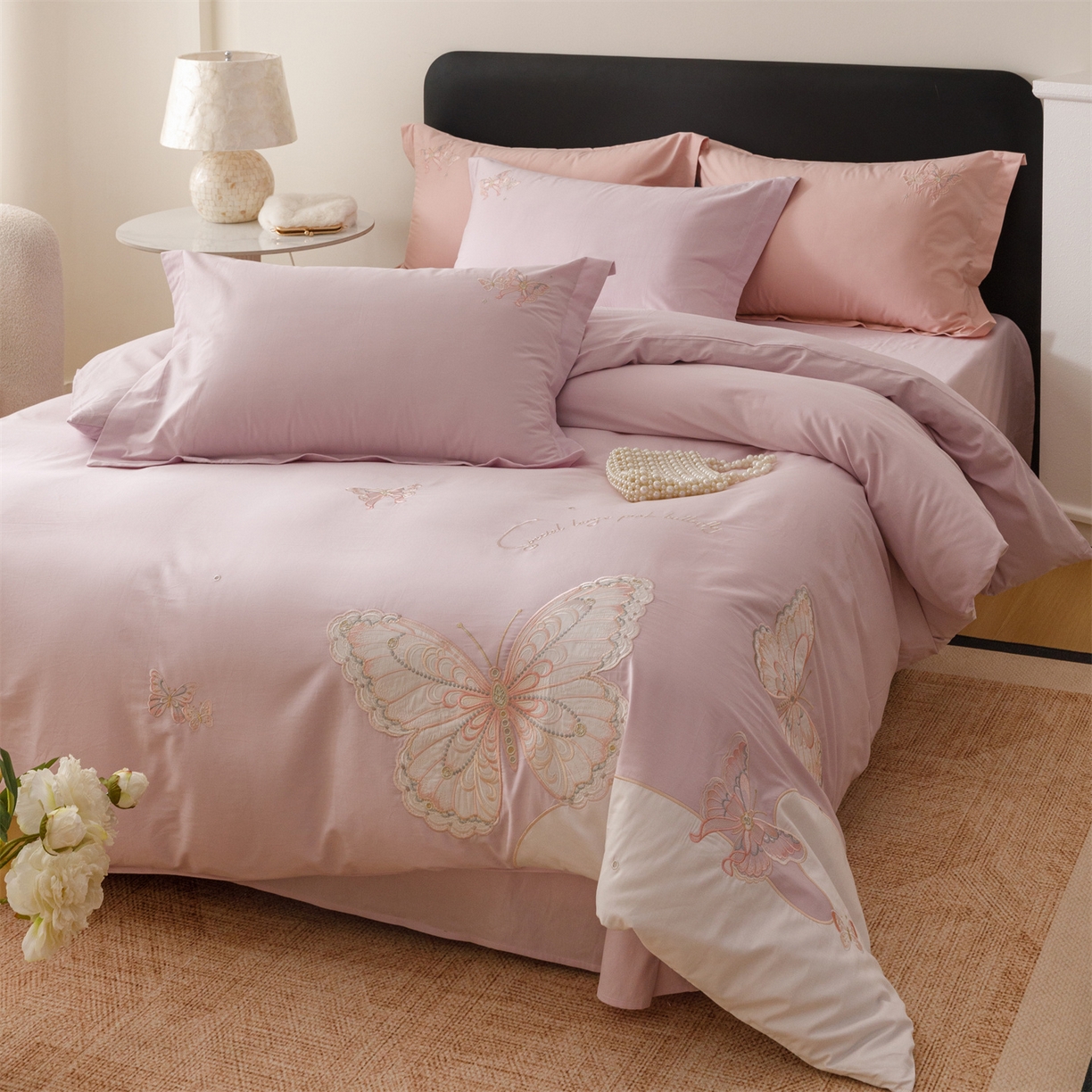 91家纺网 家纺一手货源 找家纺 优贝家纺 2026直播热款纯棉全棉100%刺绣四件套百分百 蝶梦-紫