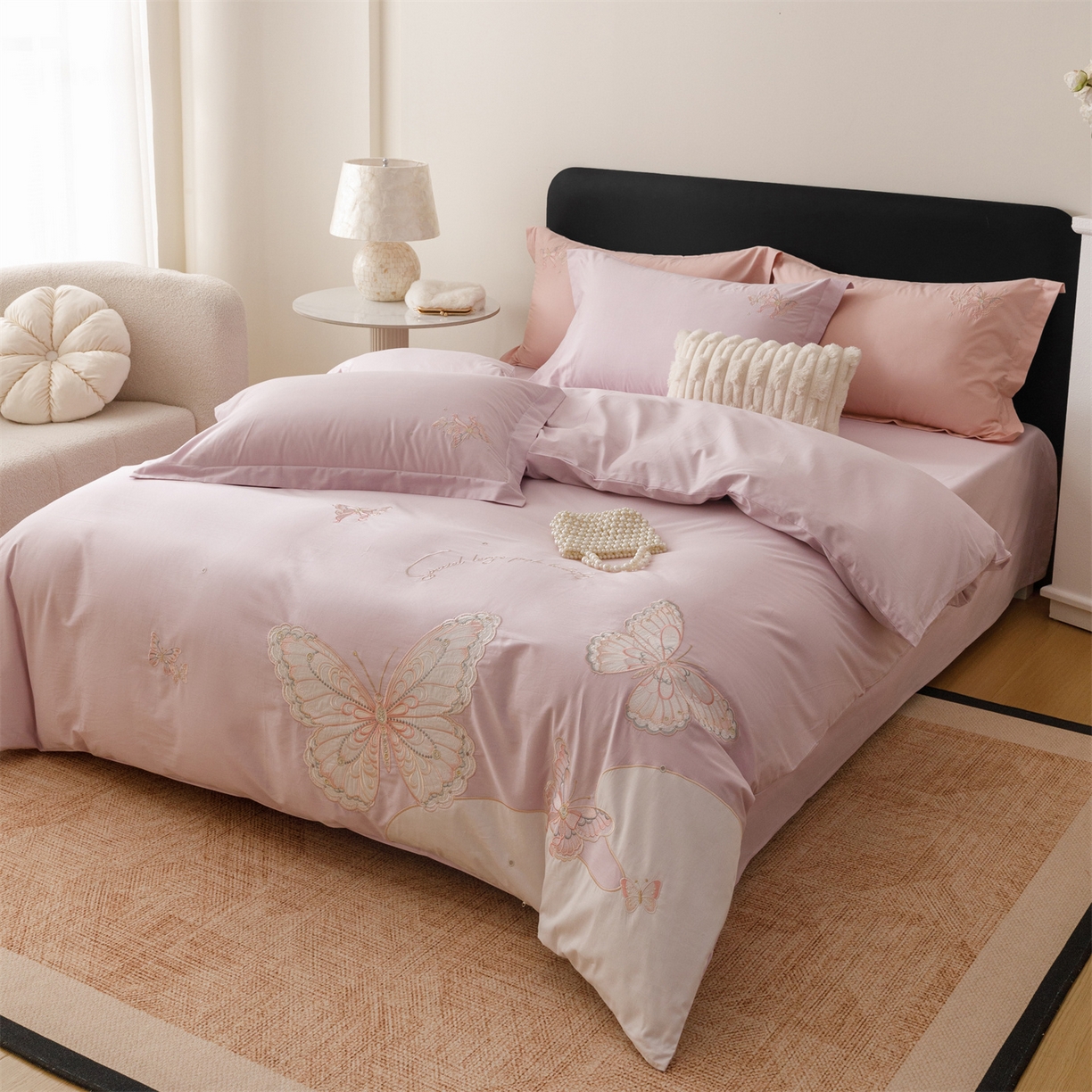 91家纺网 家纺一手货源 找家纺 优贝家纺 2026直播热款纯棉全棉100%刺绣四件套百分百 蝶梦-紫