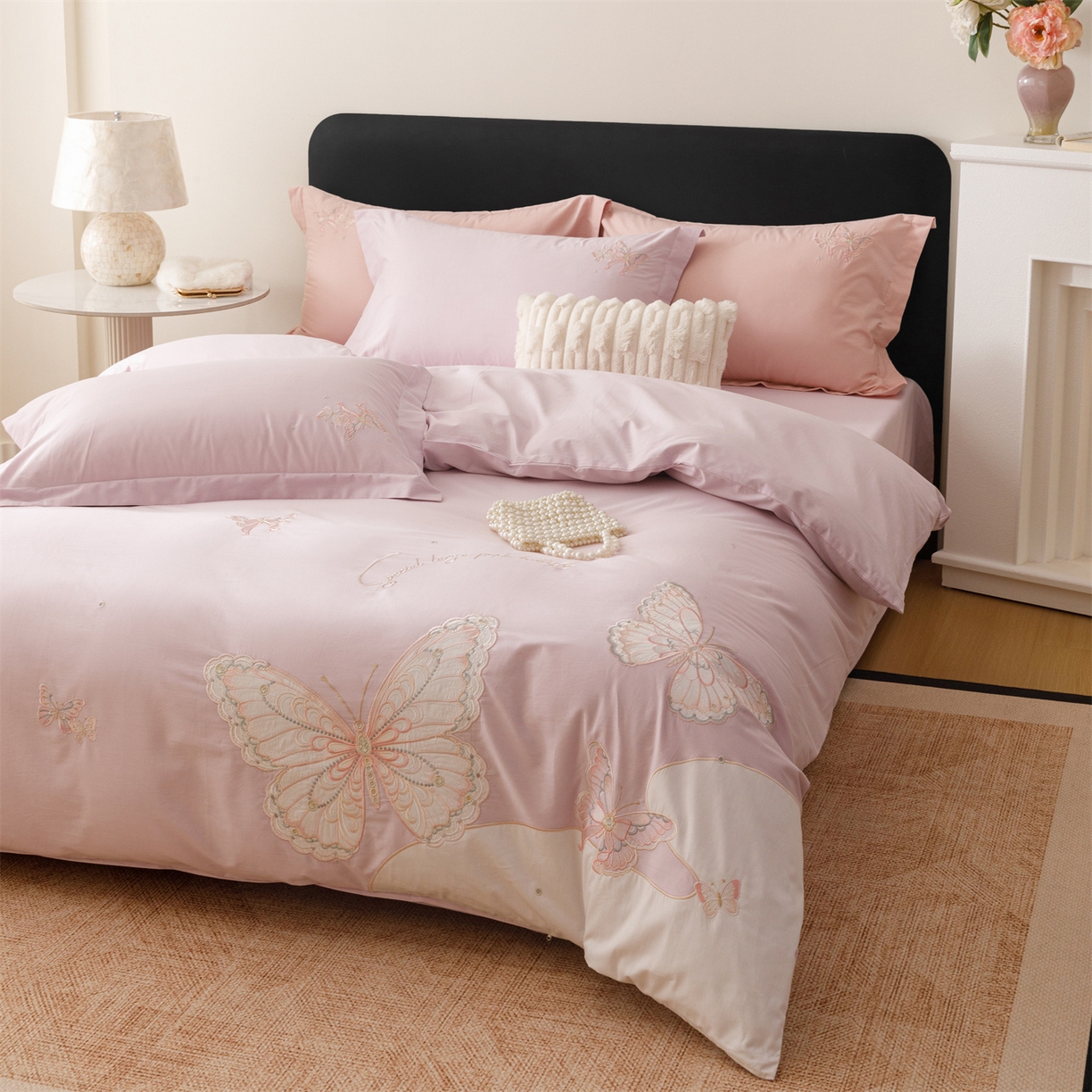 91家纺网 家纺一手货源 找家纺 优贝家纺 2026直播热款纯棉全棉100%刺绣四件套百分百 蝶梦-紫